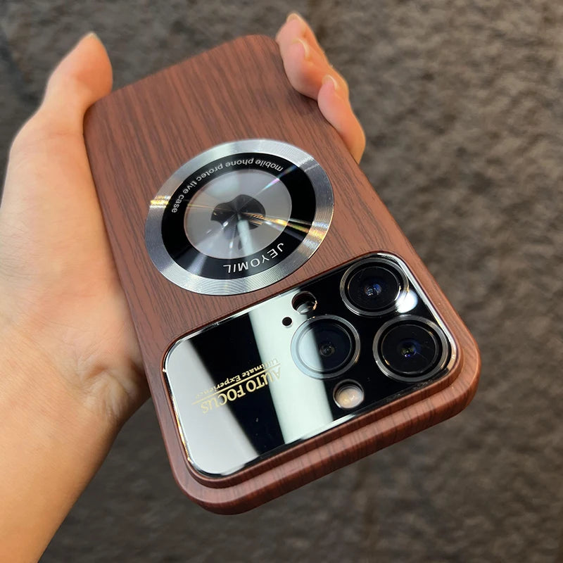 Wood Grain Large Window Magnetic Wireless Charging Case for iPhone 11 12 13 14 Pro Max Plus Camera Protection Cover,Brown,for iPhone 12