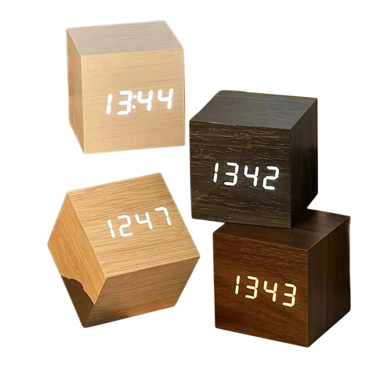 Digital Alarm Clock, with Wooden Electronic LED Time Display, 3 Alarm Settings,Temperature Detect, 2.5 inch Cubic Small Mini Wood Made Electric Clocks