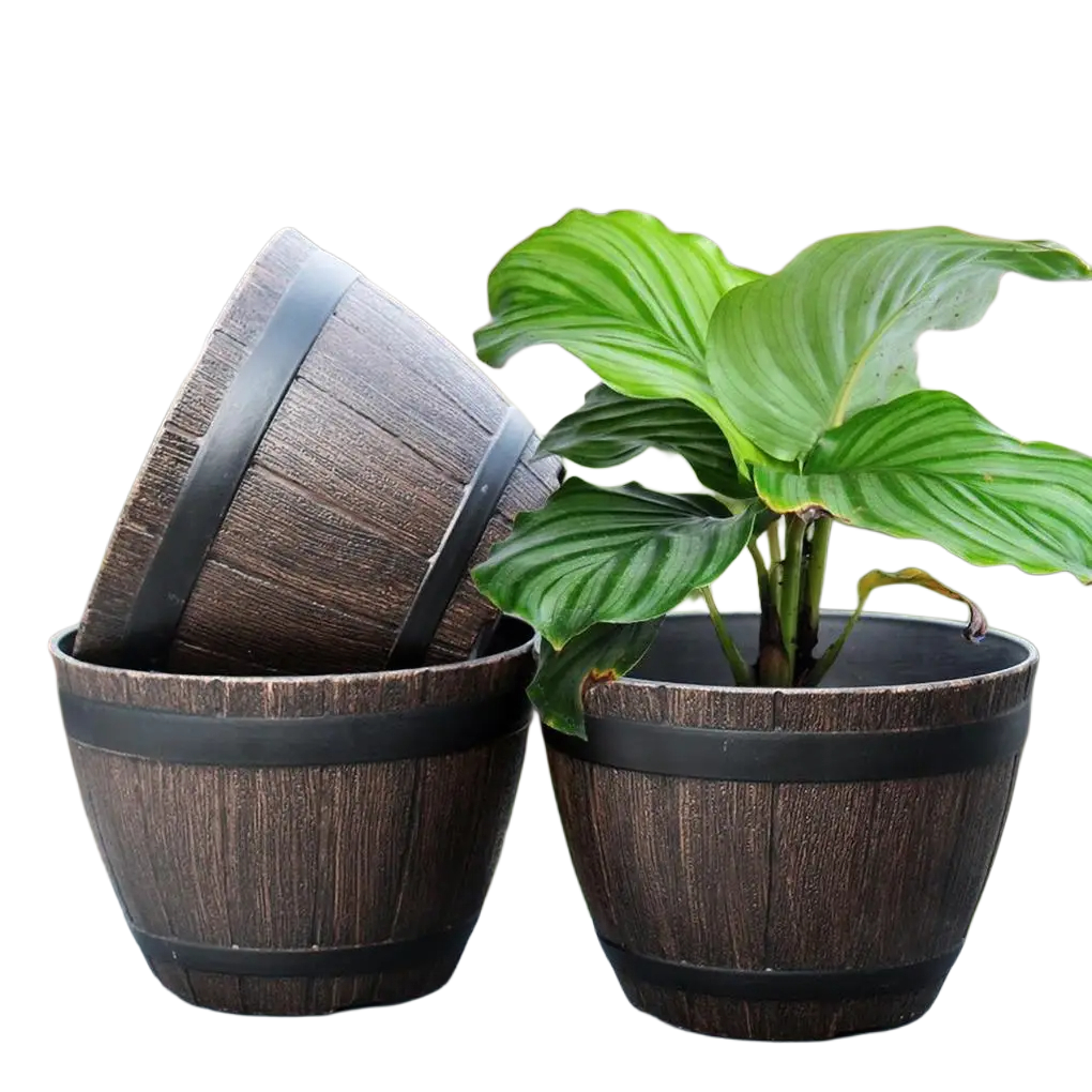 Flower Pots, 9" Simulation Wood Barrels Flower Bucket Ornament, Classic Home and Garden Whiskey Plastic Flower Pot Barrel Planter