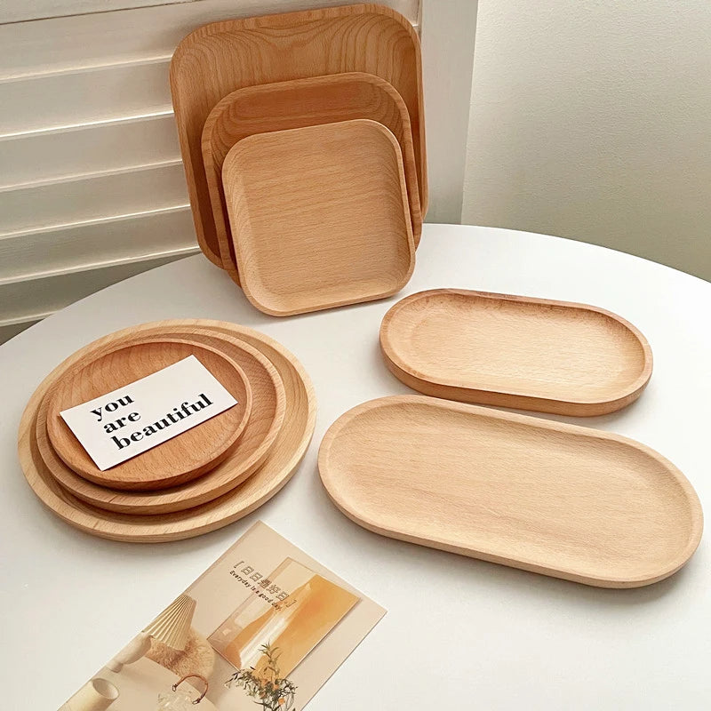 Round Wood Dish, Plate Acacia Wooden for Cake, Sweets Fruit Dessert Coffee Dish, Round Wood Dinner Tableware Plates, Tray for Home Decoration
