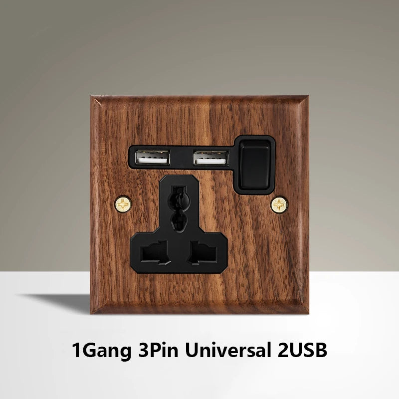 Black Walnut Wood Toggle Light Switch,Home retro Brass Panel,FR UK Universal Double USB Wall Electrical Socket Vintage Switch