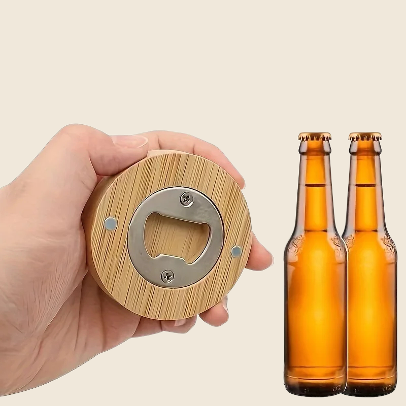Bamboo Bottle Opener, Wood Bulk Wooden Openers, Fridge Magnet Round Beer Opener, 2.6" Magnetic Sticker for DIY Bar Decoration Refrigerator Coaster Gift Guest Lover Wedding Kitchens Home Parties