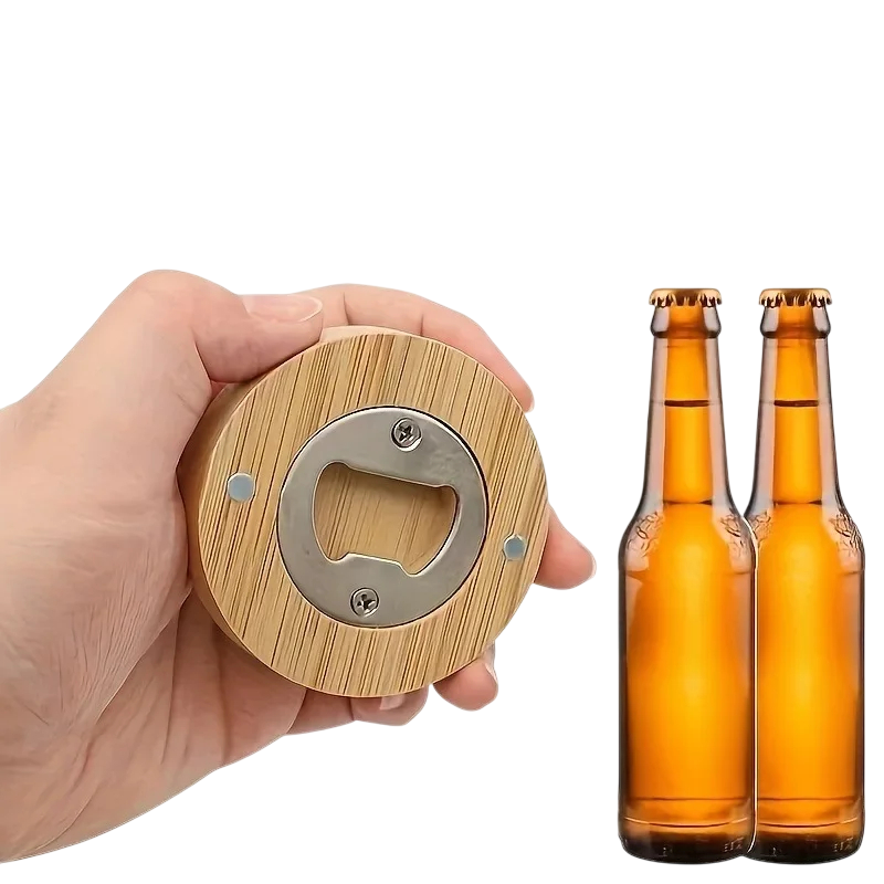 Bamboo Bottle Opener, Wood Bulk Wooden Openers, Fridge Magnet Round Beer Opener, 2.6" Magnetic Sticker for DIY Bar Decoration Refrigerator Coaster Gift Guest Lover Wedding Kitchens Home Parties