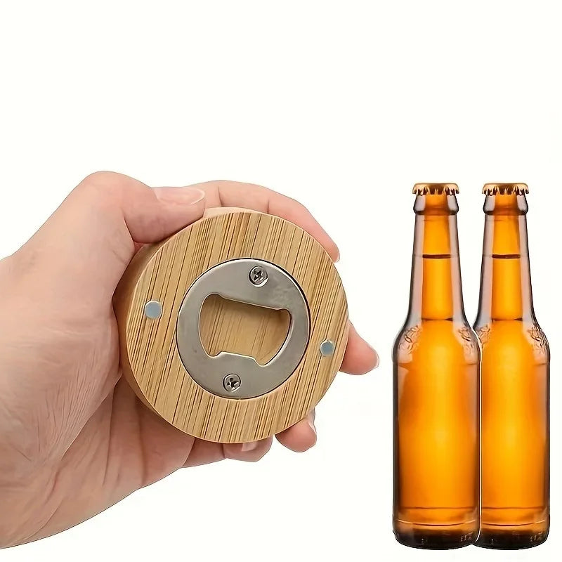 Bamboo Bottle Opener, Wood Bulk Wooden Openers, Fridge Magnet Round Beer Opener, 2.6" Magnetic Sticker for DIY Bar Decoration Refrigerator Coaster Gift Guest Lover Wedding Kitchens Home Parties
