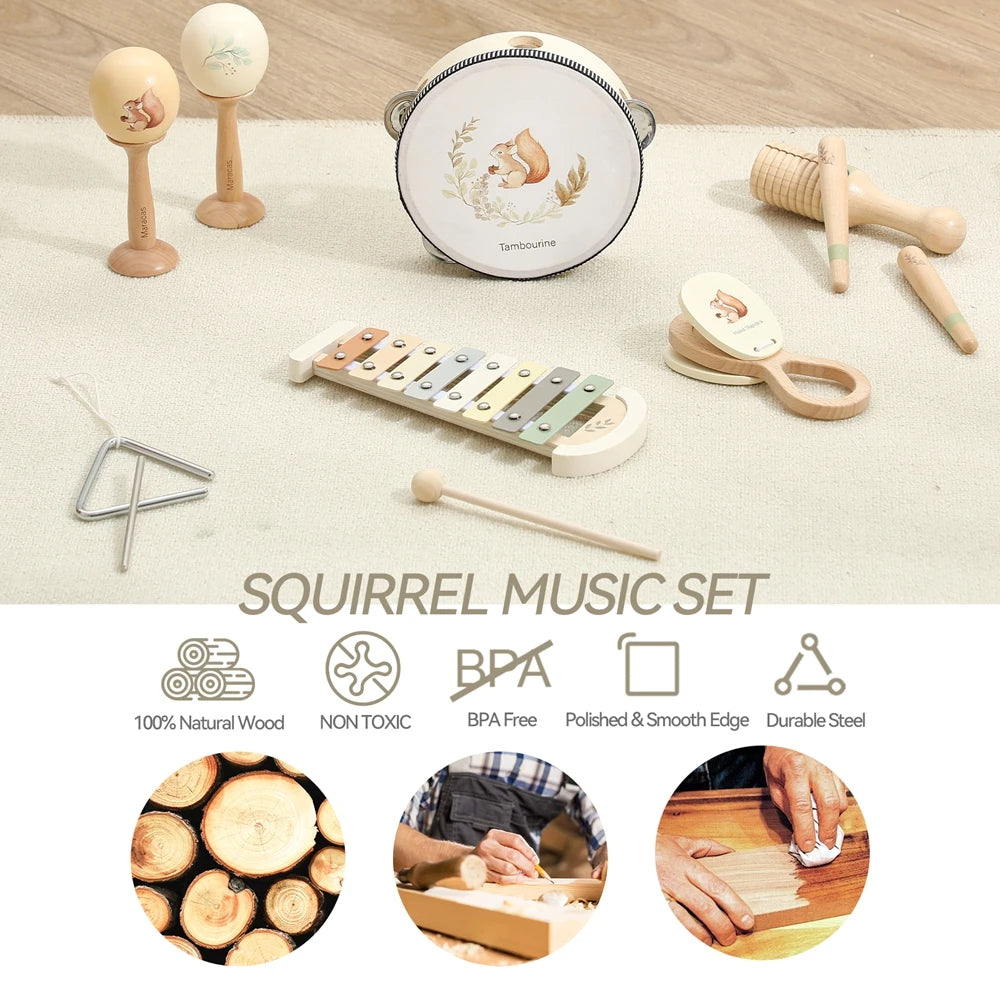 Toddler Musical Instruments Montessori Natural Wooden Percussion Instruments for Kids Preschool Educational Musical Toys Set for Boys and Girls with Storage Bag