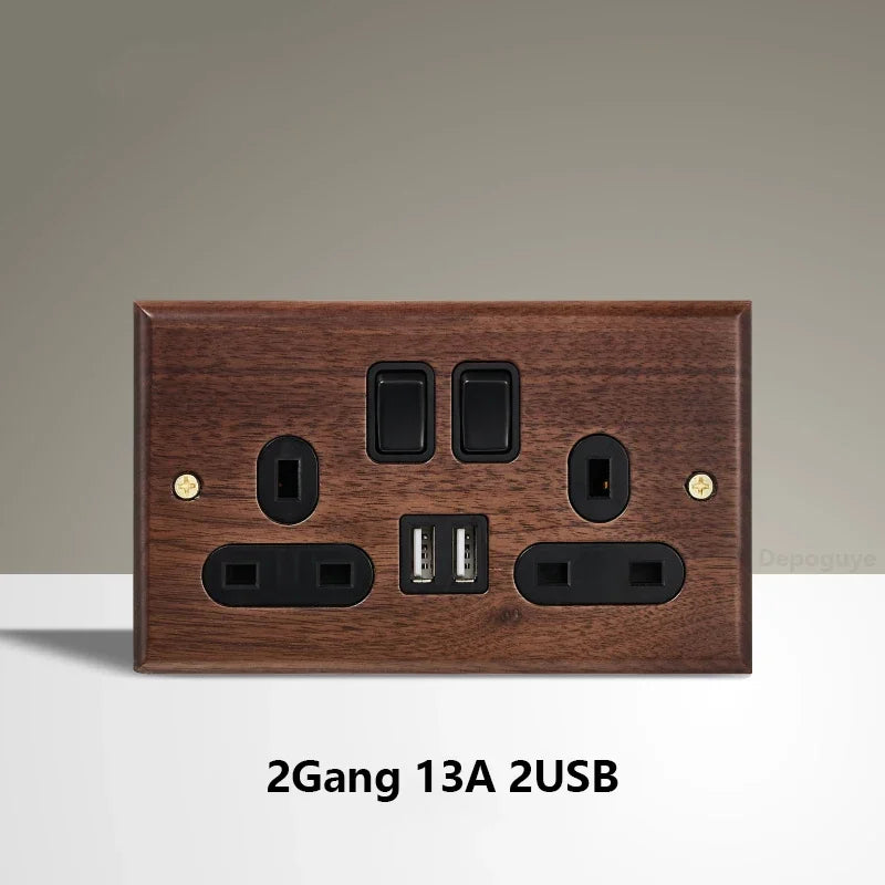 Black Walnut Wood Toggle Light Switch,Home retro Brass Panel,FR UK Universal Double USB Wall Electrical Socket Vintage Switch
