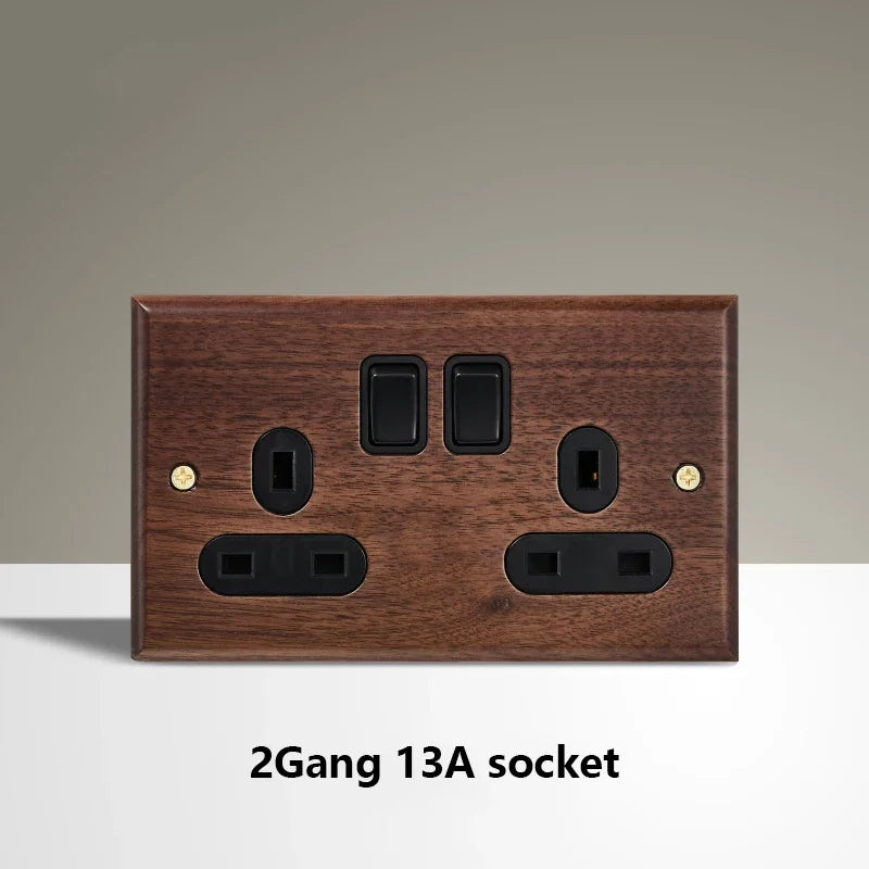 Black Walnut Wood Toggle Light Switch,Home retro Brass Panel,FR UK Universal Double USB Wall Electrical Socket Vintage Switch