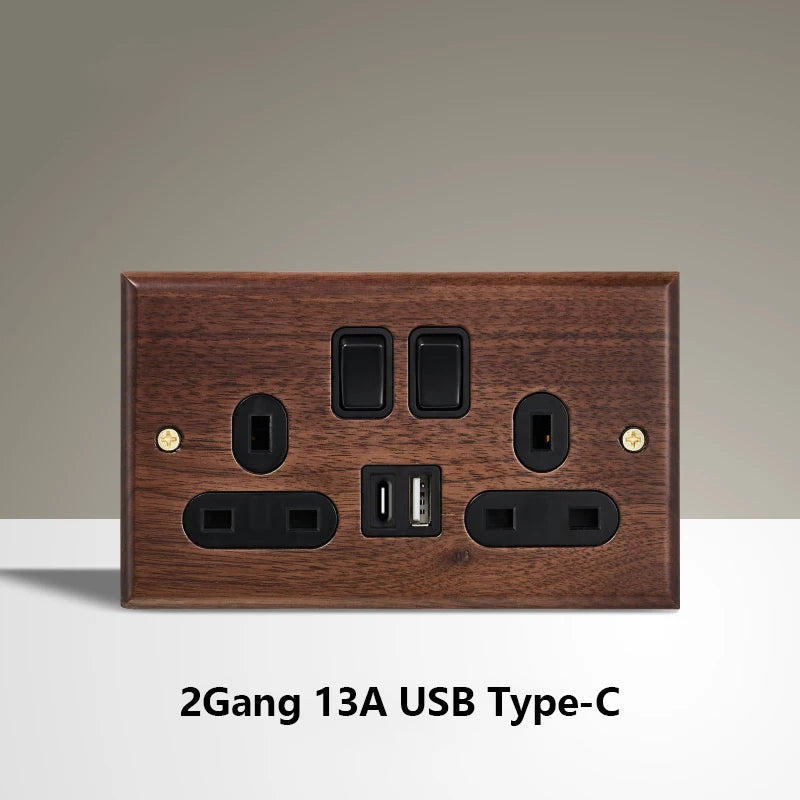 Black Walnut Wood Toggle Light Switch,Home retro Brass Panel,FR UK Universal Double USB Wall Electrical Socket Vintage Switch