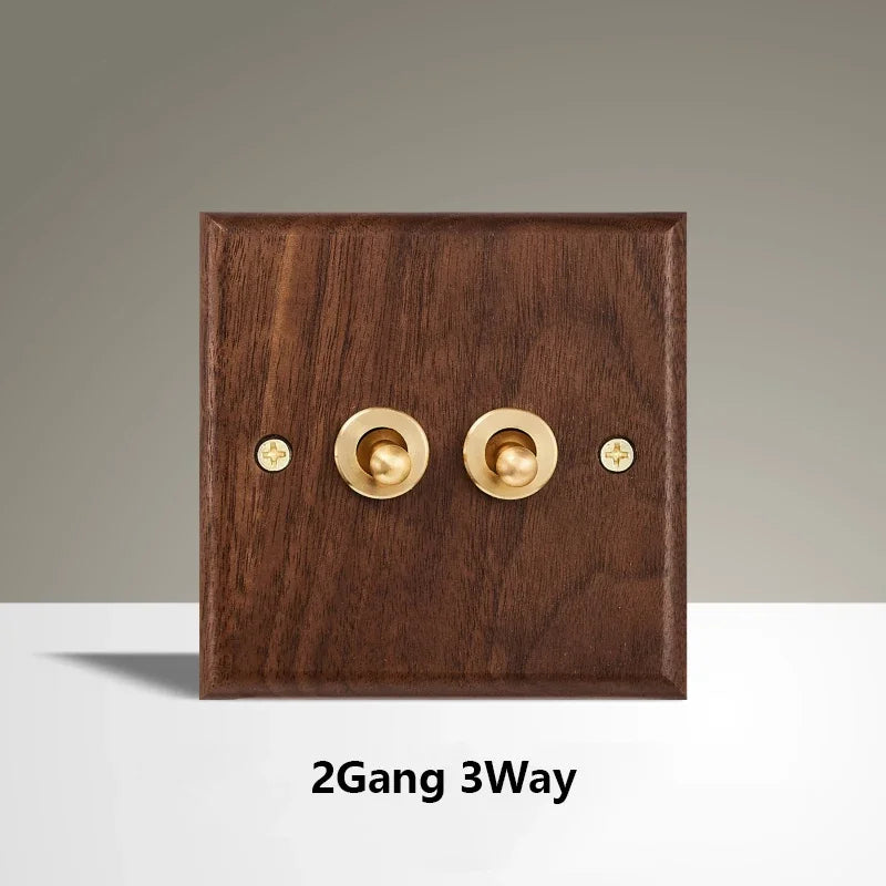 Black Walnut Wood Toggle Light Switch,Home retro Brass Panel,FR UK Universal Double USB Wall Electrical Socket Vintage Switch