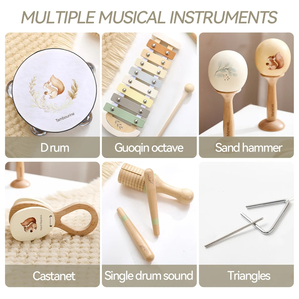 Toddler Musical Instruments Montessori Natural Wooden Percussion Instruments for Kids Preschool Educational Musical Toys Set for Boys and Girls with Storage Bag