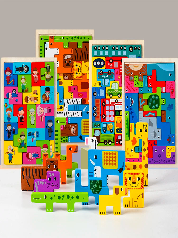 Coogam Wooden Blocks Puzzle Brain Teasers Toy Tangram Jigsaw Intelligence Colorful 3D Russian Blocks Game STEM Montessori Educational Gift for Kids
