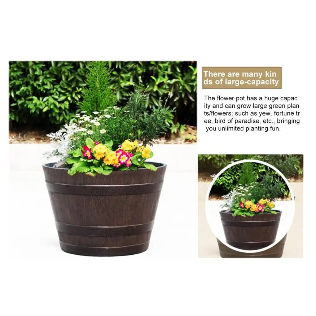 Flower Pots, 9" Simulation Wood Barrels Flower Bucket Ornament, Classic Home and Garden Whiskey Plastic Flower Pot Barrel Planter