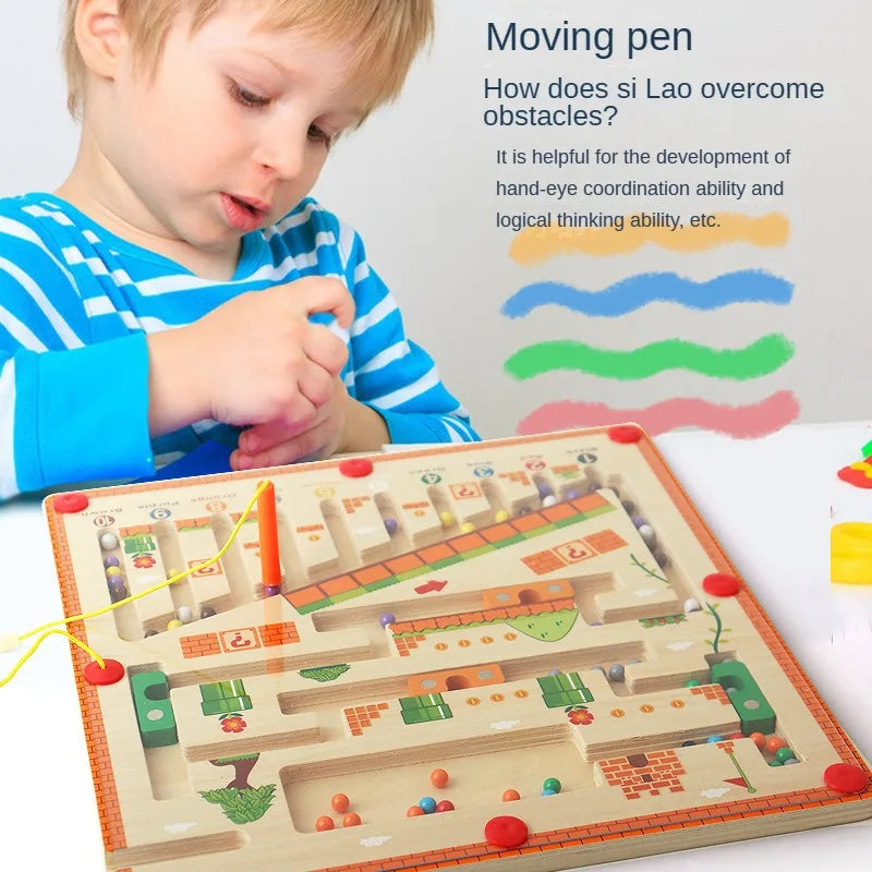 Magnetic Color and Number Maze, Montessori Fine Motor Skills Toys for Girls Boys, Wooden Magnet Maze Board Game, Dinosaur Design Toys for 3 4 5 Years Old Preschool Learning Activities