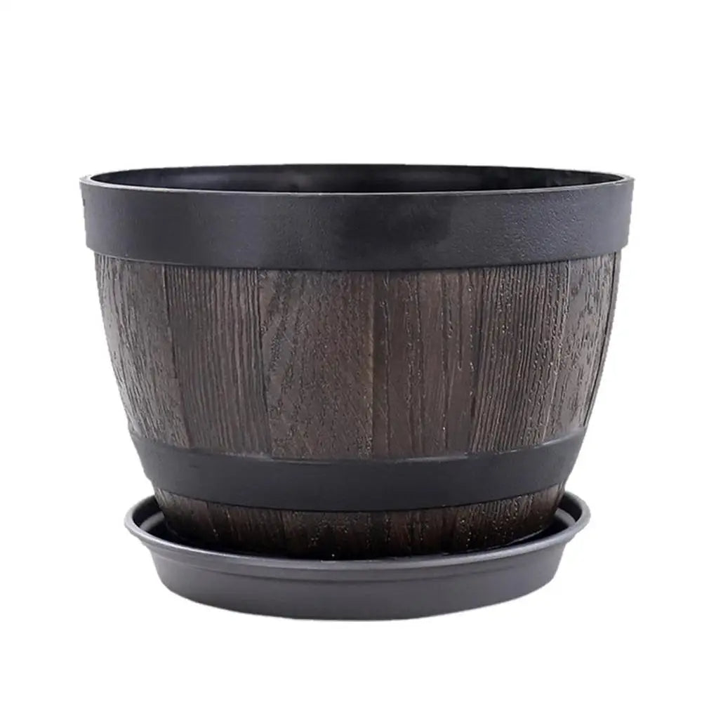 Flower Pots, 9" Simulation Wood Barrels Flower Bucket Ornament, Classic Home and Garden Whiskey Plastic Flower Pot Barrel Planter