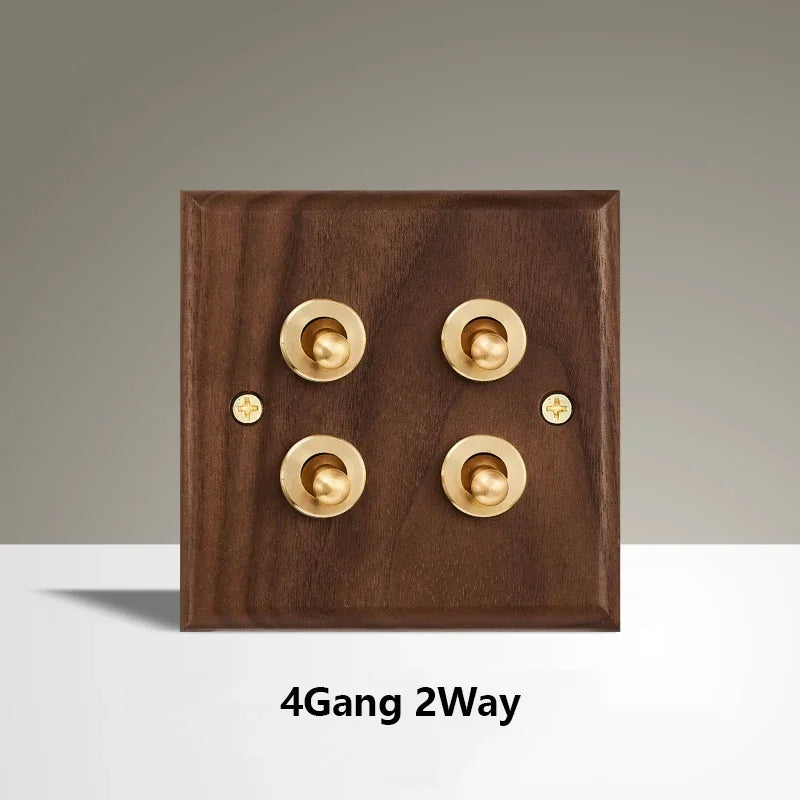 Black Walnut Wood Toggle Light Switch,Home retro Brass Panel,FR UK Universal Double USB Wall Electrical Socket Vintage Switch