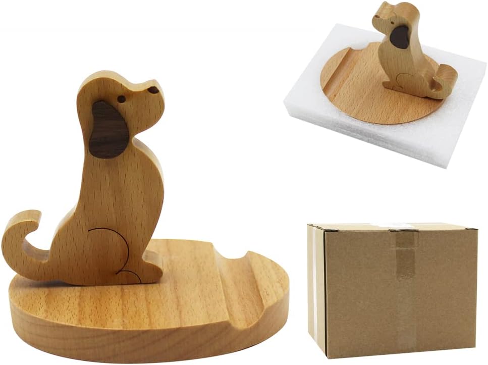 Cute Dog Cellphone Holder Stand Wooden Smartphone Desk Holder for All Mobile Phones Animal Phone Stand Desk Ornament