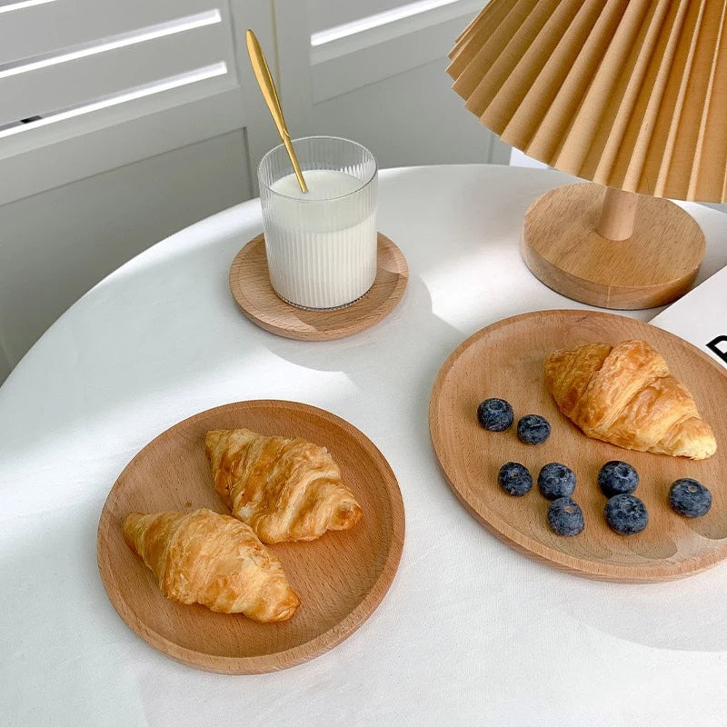 Round Wood Dish, Plate Acacia Wooden for Cake, Sweets Fruit Dessert Coffee Dish, Round Wood Dinner Tableware Plates, Tray for Home Decoration