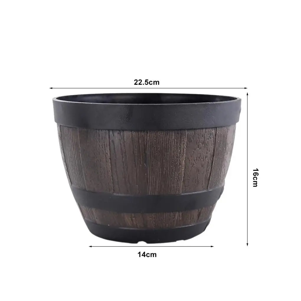 Flower Pots, 9" Simulation Wood Barrels Flower Bucket Ornament, Classic Home and Garden Whiskey Plastic Flower Pot Barrel Planter