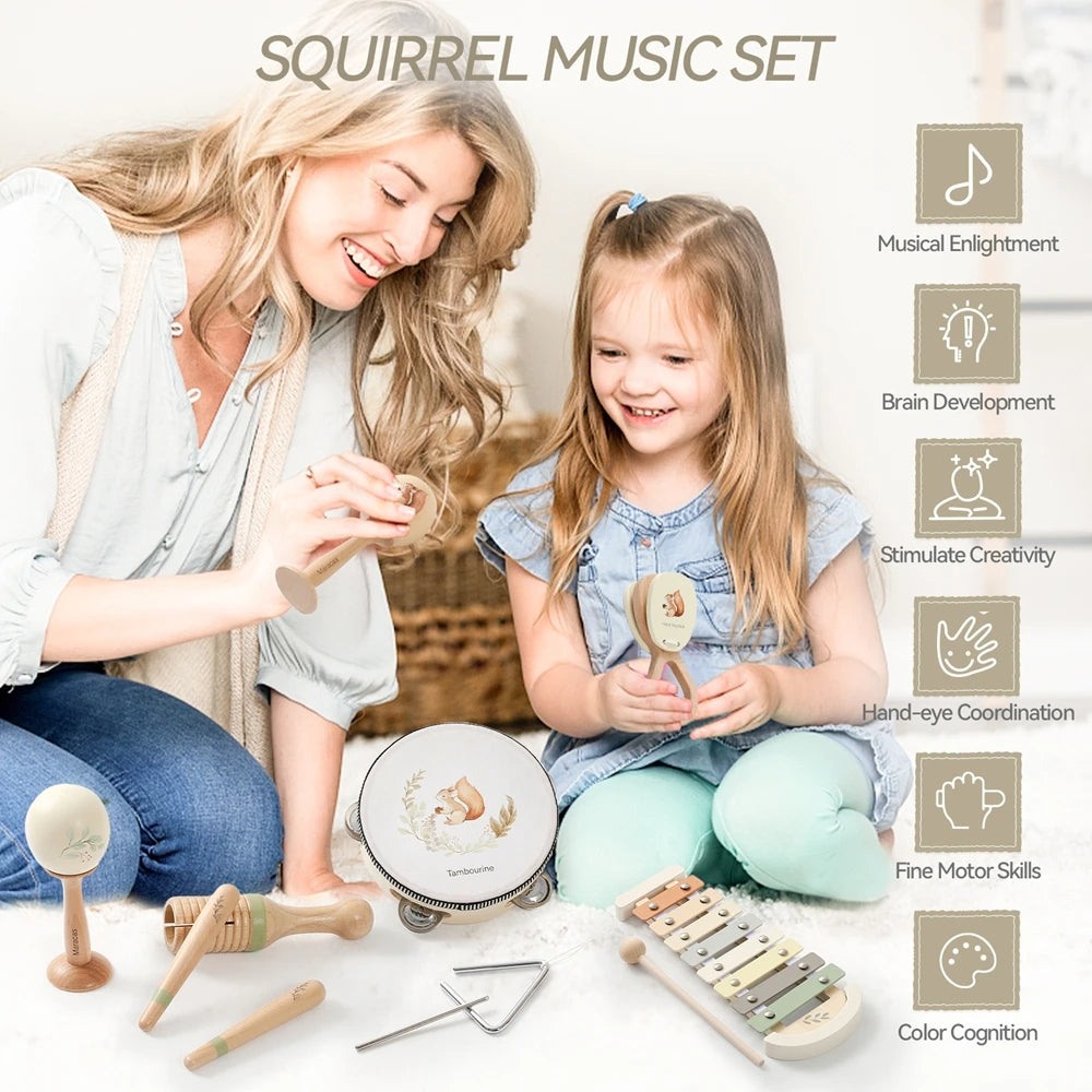 Toddler Musical Instruments Montessori Natural Wooden Percussion Instruments for Kids Preschool Educational Musical Toys Set for Boys and Girls with Storage Bag