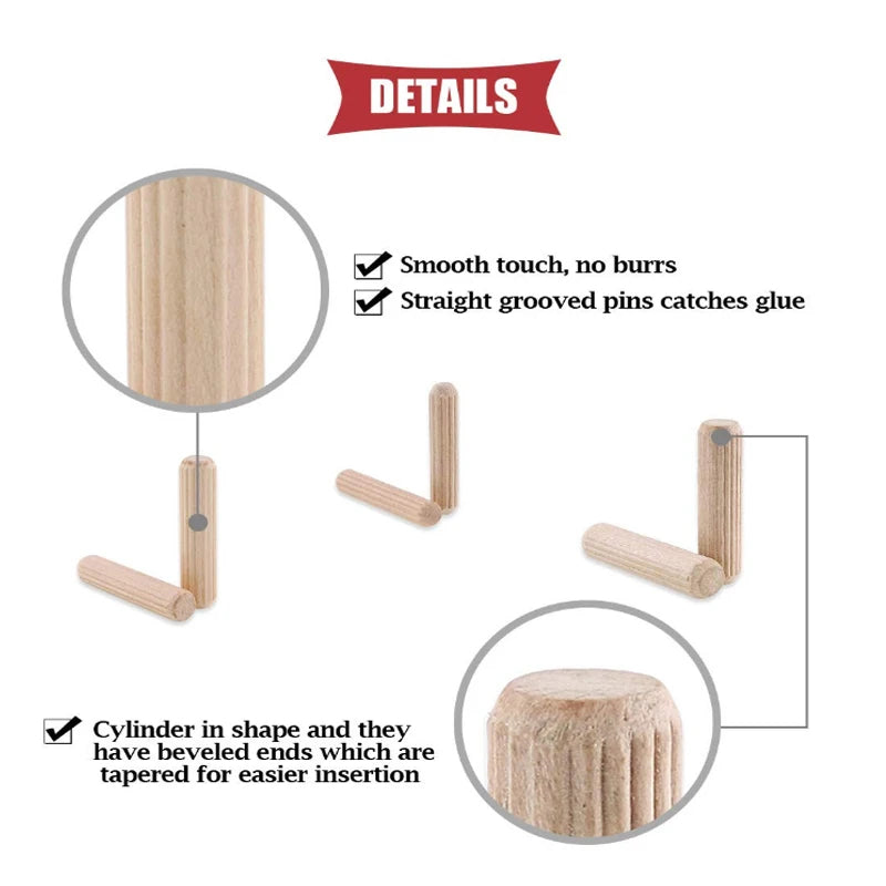 100/50 Pack multisize Wood Dowel Pins Straight Grooved Pins for Furniture Door and Dowel jig
