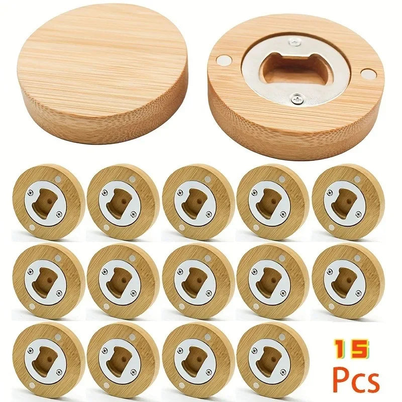 Bamboo Bottle Opener, Wood Bulk Wooden Openers, Fridge Magnet Round Beer Opener, 2.6" Magnetic Sticker for DIY Bar Decoration Refrigerator Coaster Gift Guest Lover Wedding Kitchens Home Parties