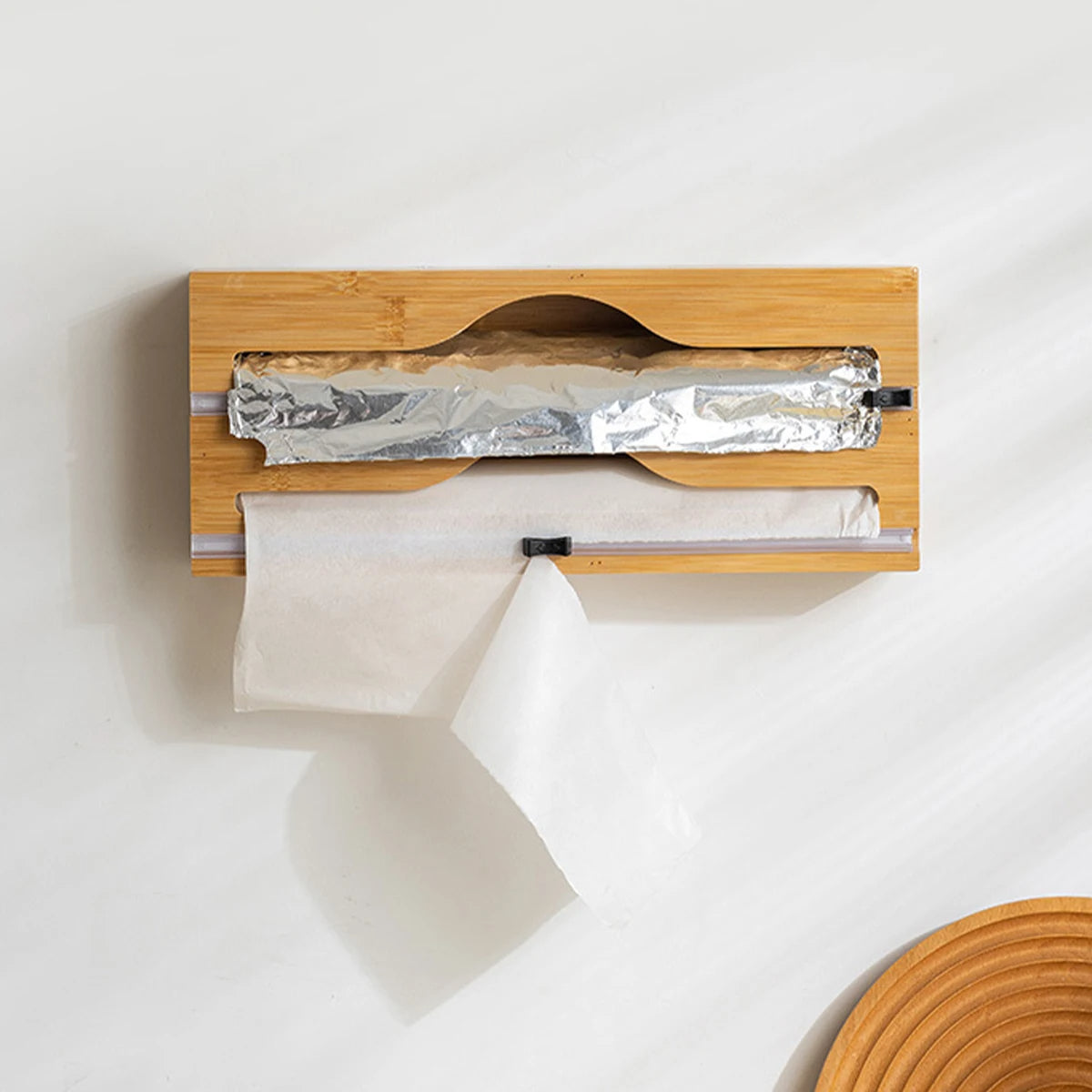 WrapNeat 3 in 1, 2in 1, 4 in 1, and 1 in 1, Wrap Organizer with Cutter and Labels, Plastic Wrap, Aluminum Foil and Wax Bamboo Dispenser for Kitchen Storage Organization Holder for 12" Roll