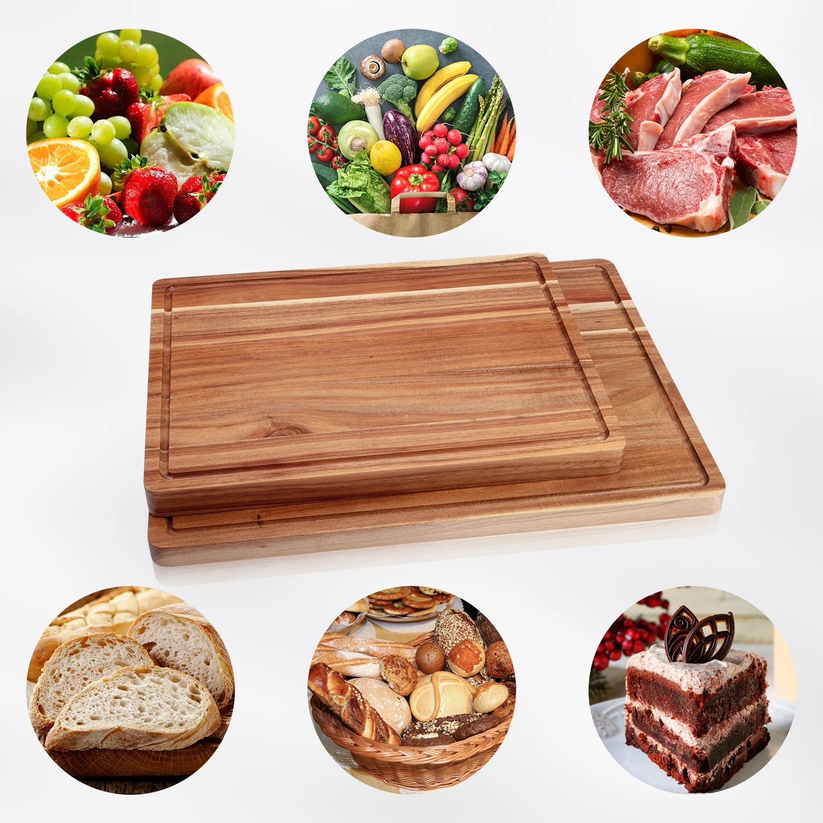 Large Acacia Wood Cutting Board for Kitchen, 17x12 Inch Reversible Wooden Chopping Board Charcuterie Board with Juice Grooves and Handle for Meat, Cheese, Vegetables, Fruits, Bread