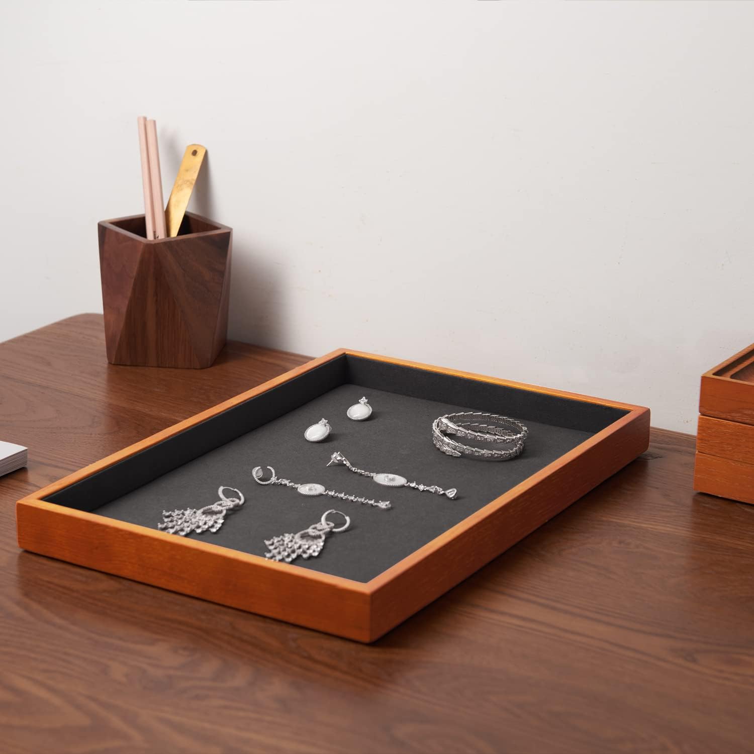 Wood Flat Jewelry Tray Stackable Jewelry Drawer Organizer Showcase Jewelry Holder