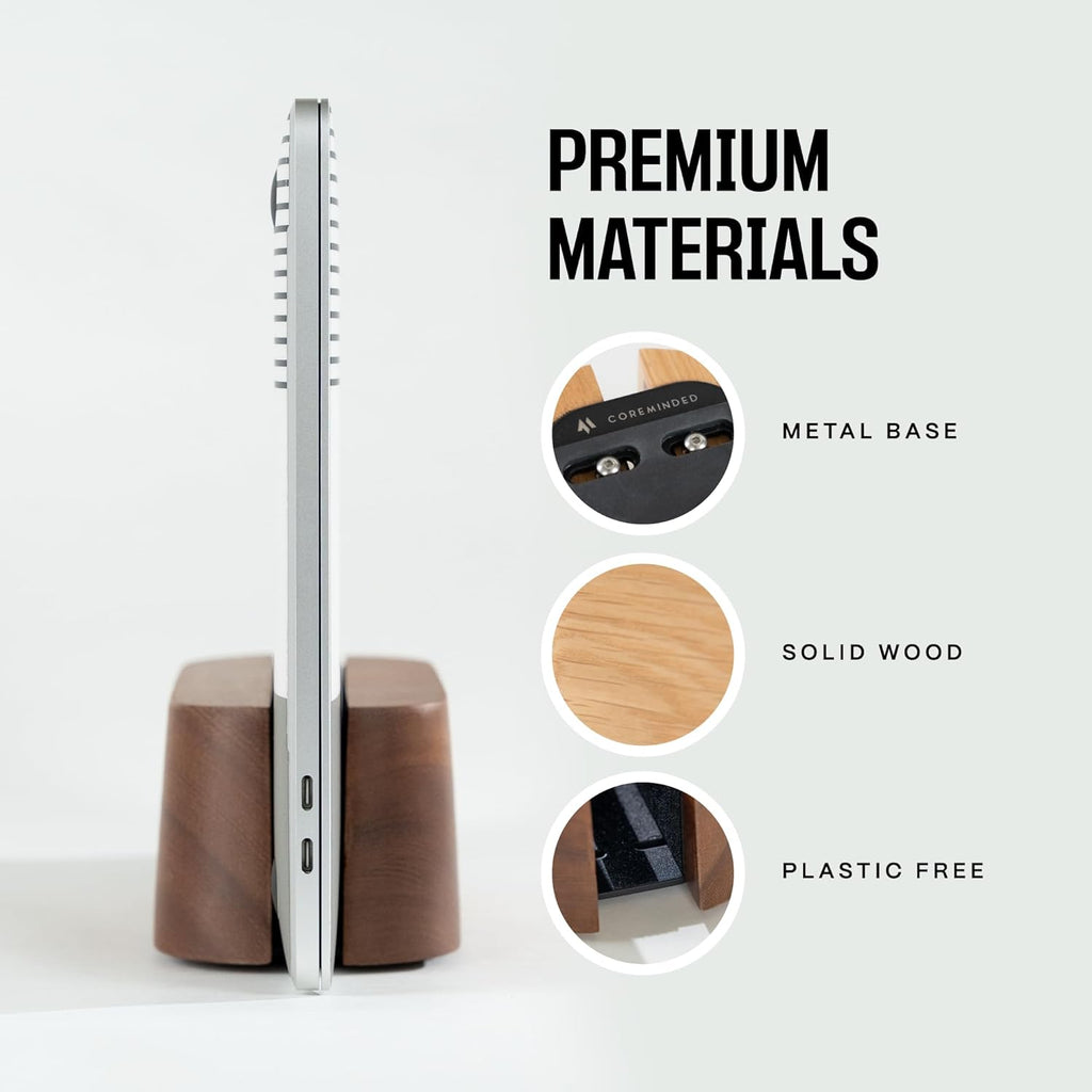 Adjustable Vertical Laptop Stand for Desk, Wooden Laptop Holder, MacBook Pro Stand, Wood Mac Air Dock (Solid Walnut)