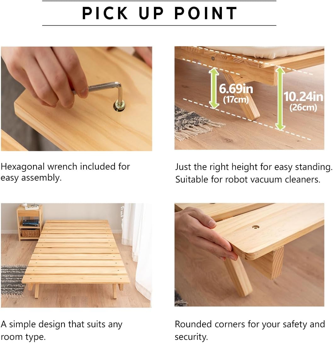 Foldable Wood Slatted Floor Bed Frame OSMOS Twin Solid Pine (Earth-Natural), Easy Assembly Space Saving Storable Floor Life Tatami