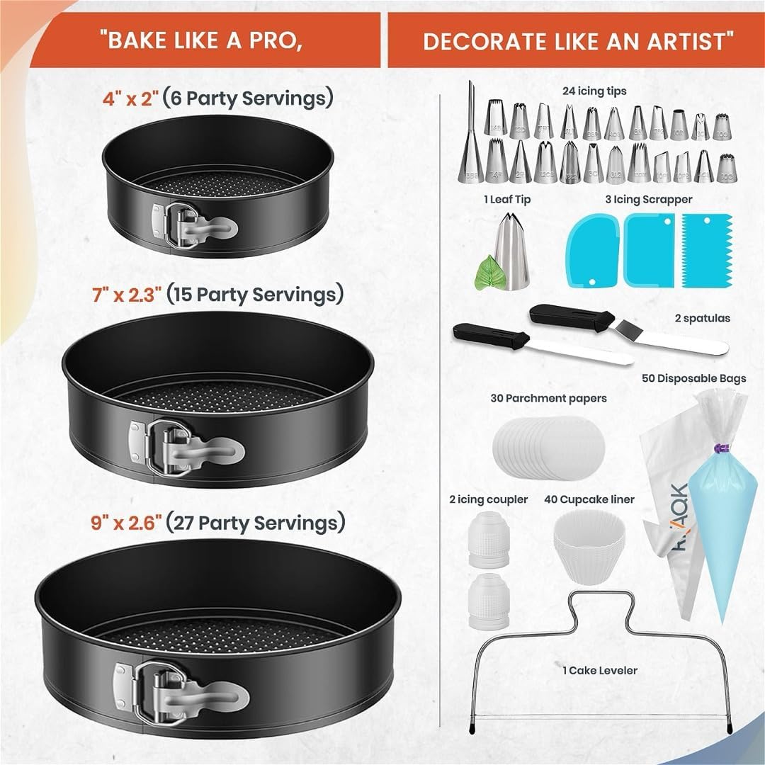 150PCs Cake Pan Set for Baking + Cake Decorating Supplies: 3 Round Non Stick Springform Pan Set (4, 7, 9 inches),24 Icing Tips,Cake Leveler–Multi-functional Leak-Proof Cake Pans & eBook