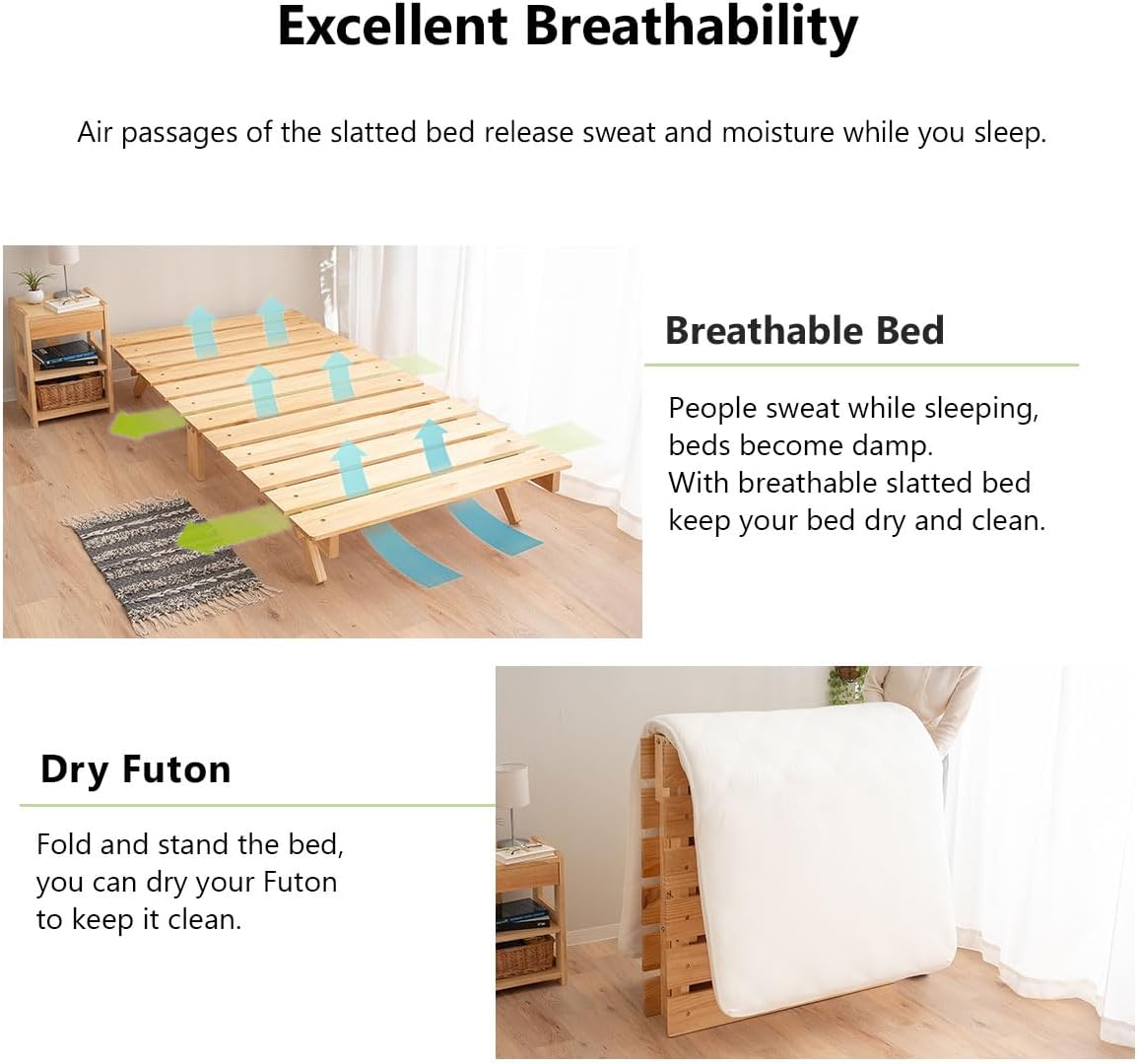 Foldable Wood Slatted Floor Bed Frame OSMOS Twin Solid Pine (Earth-Natural), Easy Assembly Space Saving Storable Floor Life Tatami
