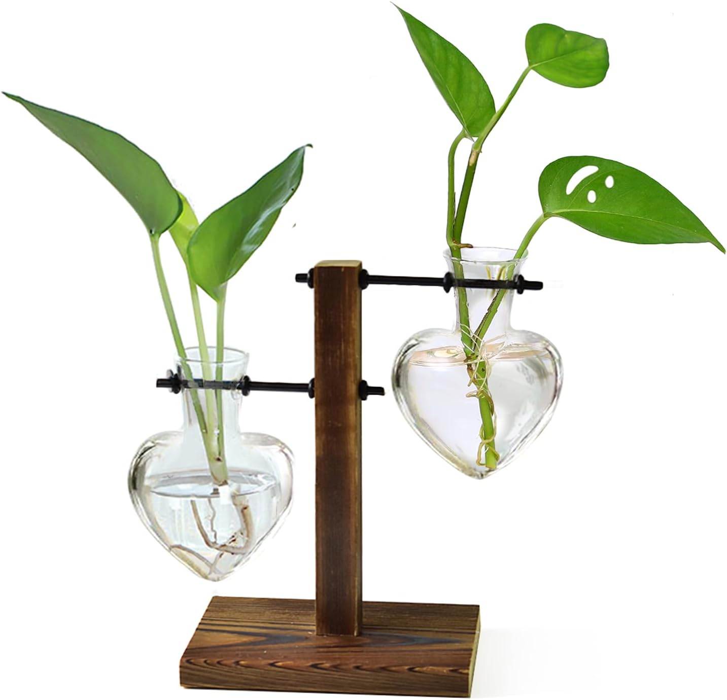 Plant Terrarium Wooden Stand, Hydroponic Planter Bulb Glass Metal Swivel Holder Retro Air Plants Water Plants for Home Office Decoration, Plant Lover Gifts - 2 Love Bulb Vase
