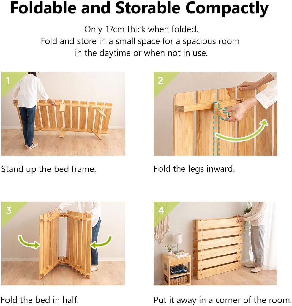 Foldable Wood Slatted Floor Bed Frame OSMOS Twin Solid Pine (Earth-Natural), Easy Assembly Space Saving Storable Floor Life Tatami
