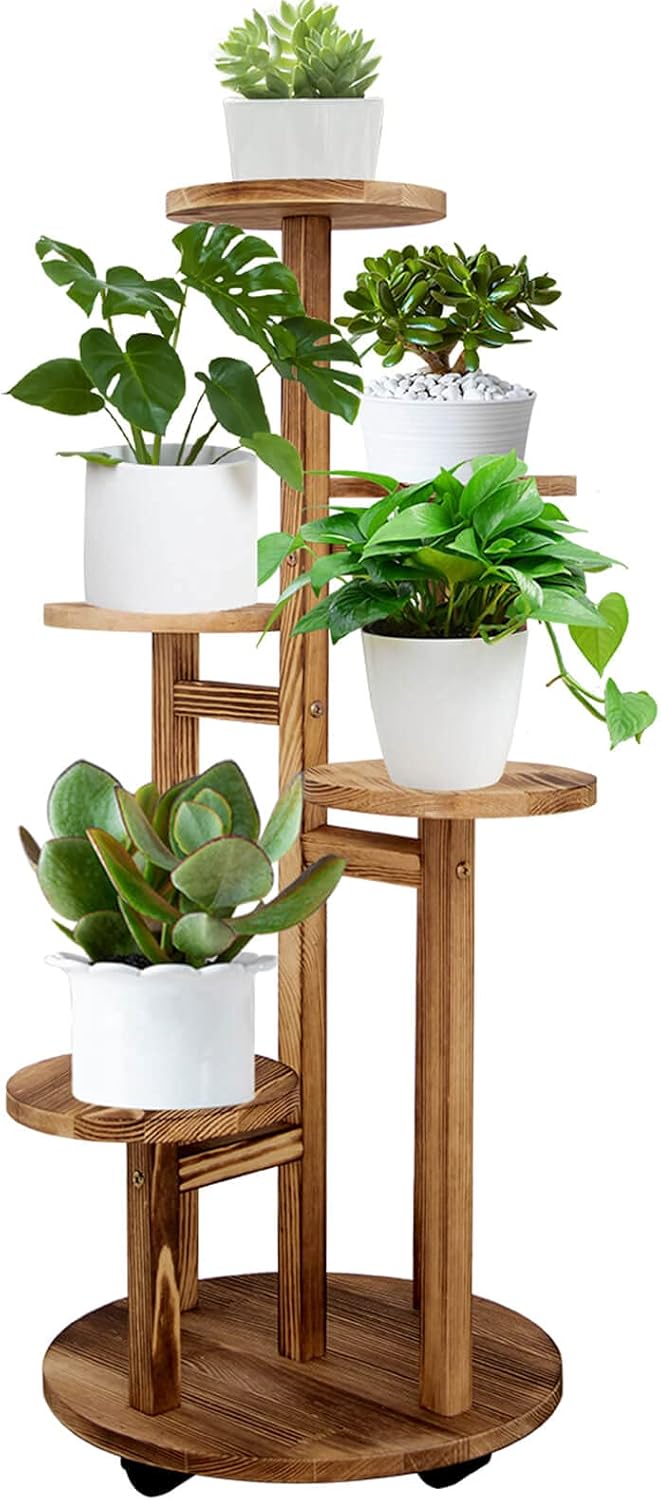 5 Tiered Tall Plant Stand for Indoor, Wood Plant Shelf Corner Display Rack, Multi-tier Planter Pot Holder Flower Stand for Living Room Balcony Garden Patio (Walnut)