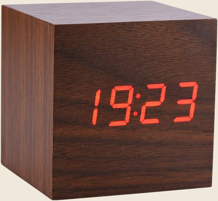 Digital Alarm Clock, with Wooden Electronic LED Time Display, 3 Alarm Settings,Temperature Detect, 2.5 inch Cubic Small Mini Wood Made Electric Clocks