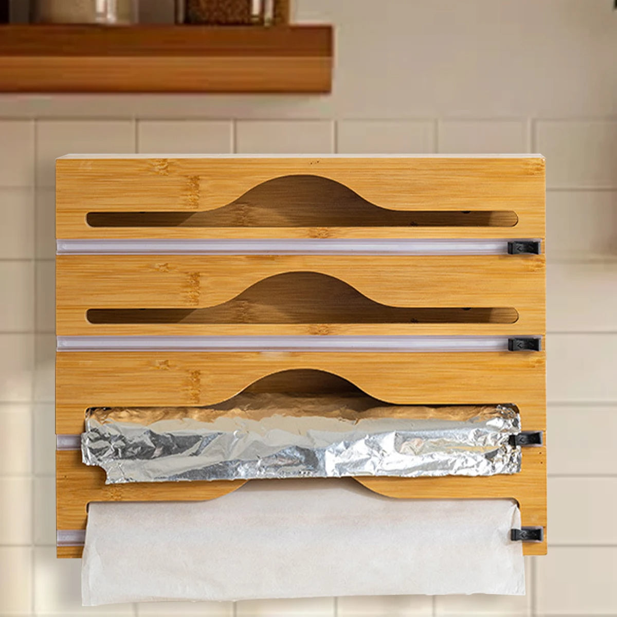 WrapNeat 3 in 1, 2in 1, 4 in 1, and 1 in 1, Wrap Organizer with Cutter and Labels, Plastic Wrap, Aluminum Foil and Wax Bamboo Dispenser for Kitchen Storage Organization Holder for 12" Roll