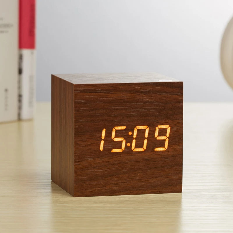 Digital Alarm Clock, with Wooden Electronic LED Time Display, 3 Alarm Settings,Temperature Detect, 2.5 inch Cubic Small Mini Wood Made Electric Clocks