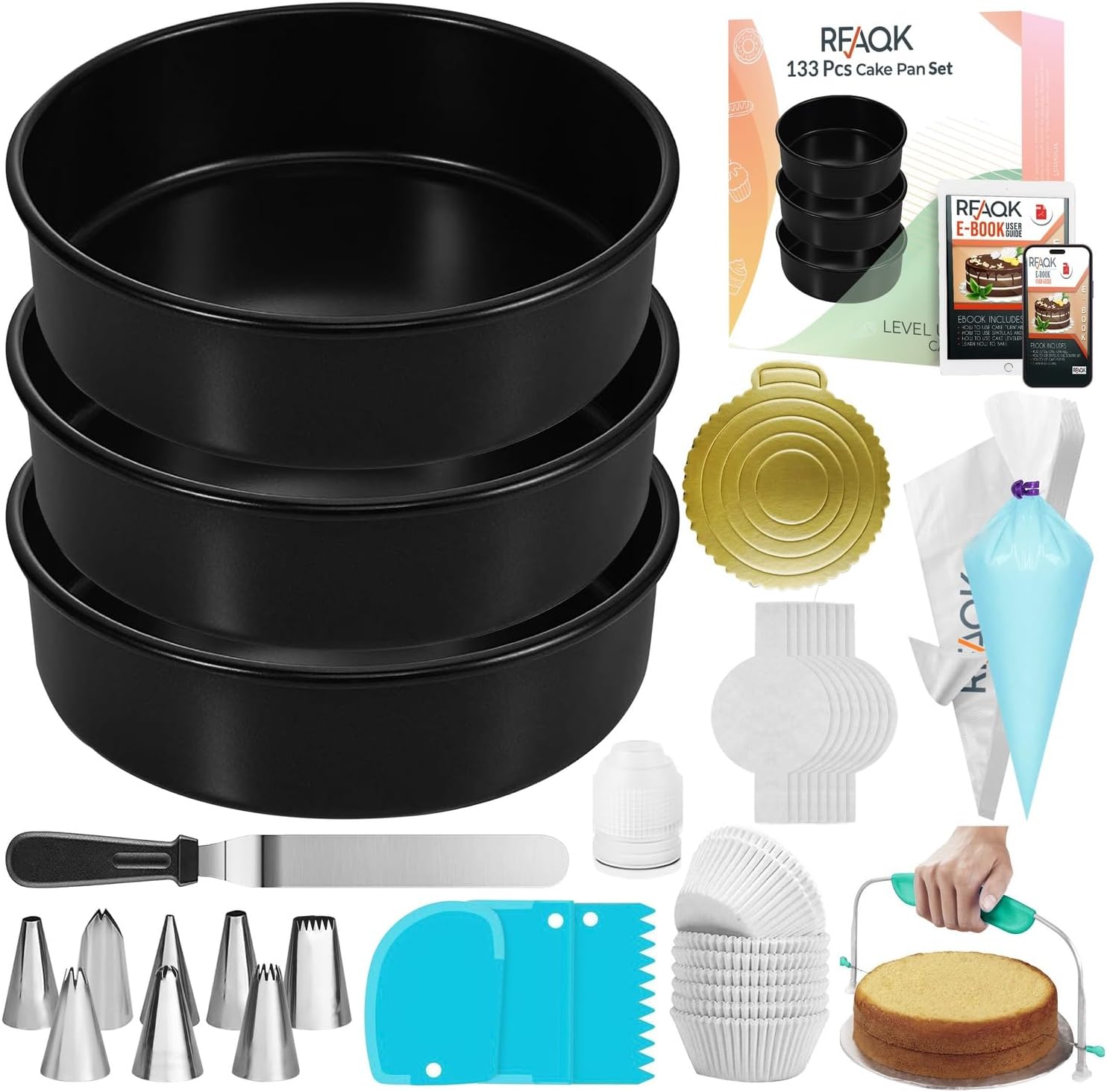 133PCs Round Cake Pans Sets for Baking + Cake Decorating Kit with NonStick 8 Inch Cake Pan Set of 3 -Icing Tips,Cake Leveler,Spatula, Multifunctional Cake Pan, Baking Supplies Gift & eBook