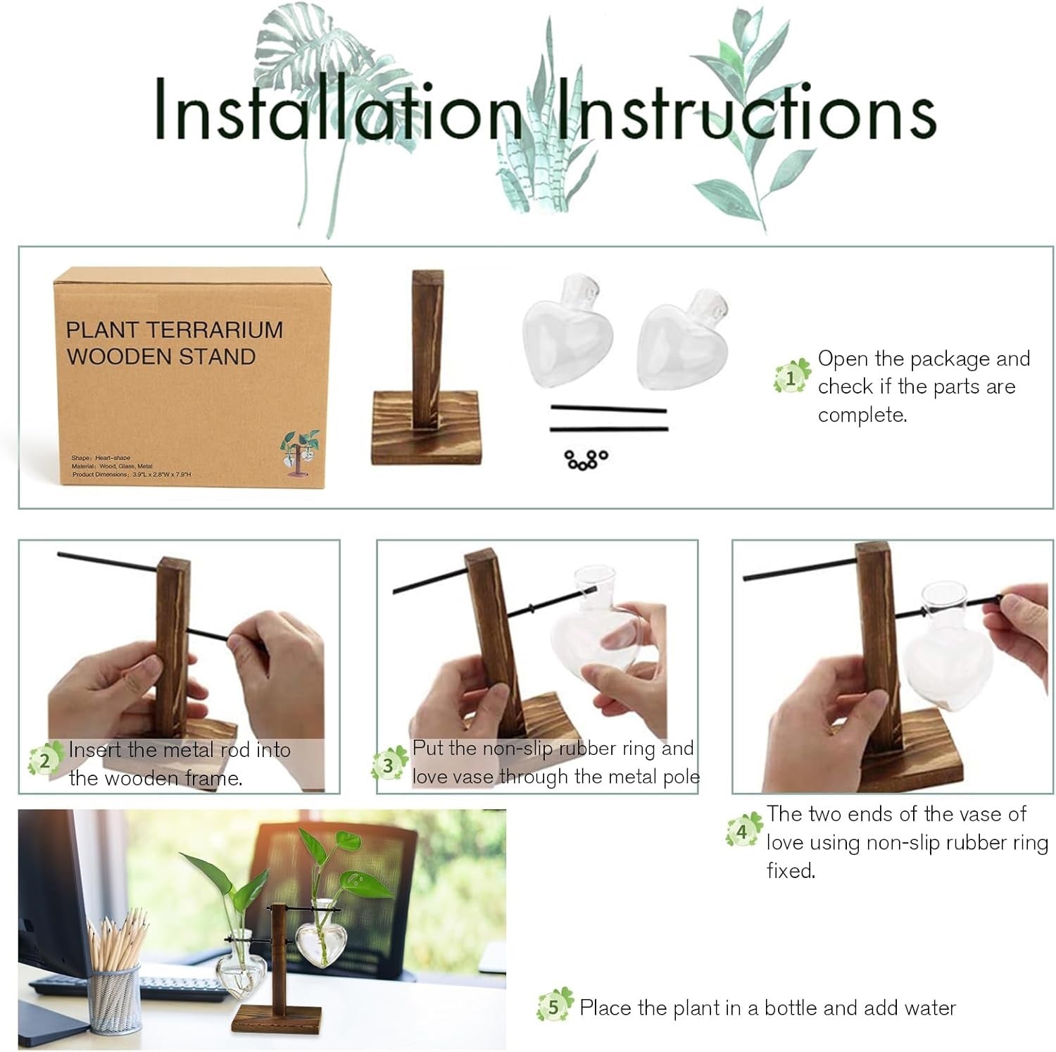 Plant Terrarium Wooden Stand, Hydroponic Planter Bulb Glass Metal Swivel Holder Retro Air Plants Water Plants for Home Office Decoration, Plant Lover Gifts - 2 Love Bulb Vase