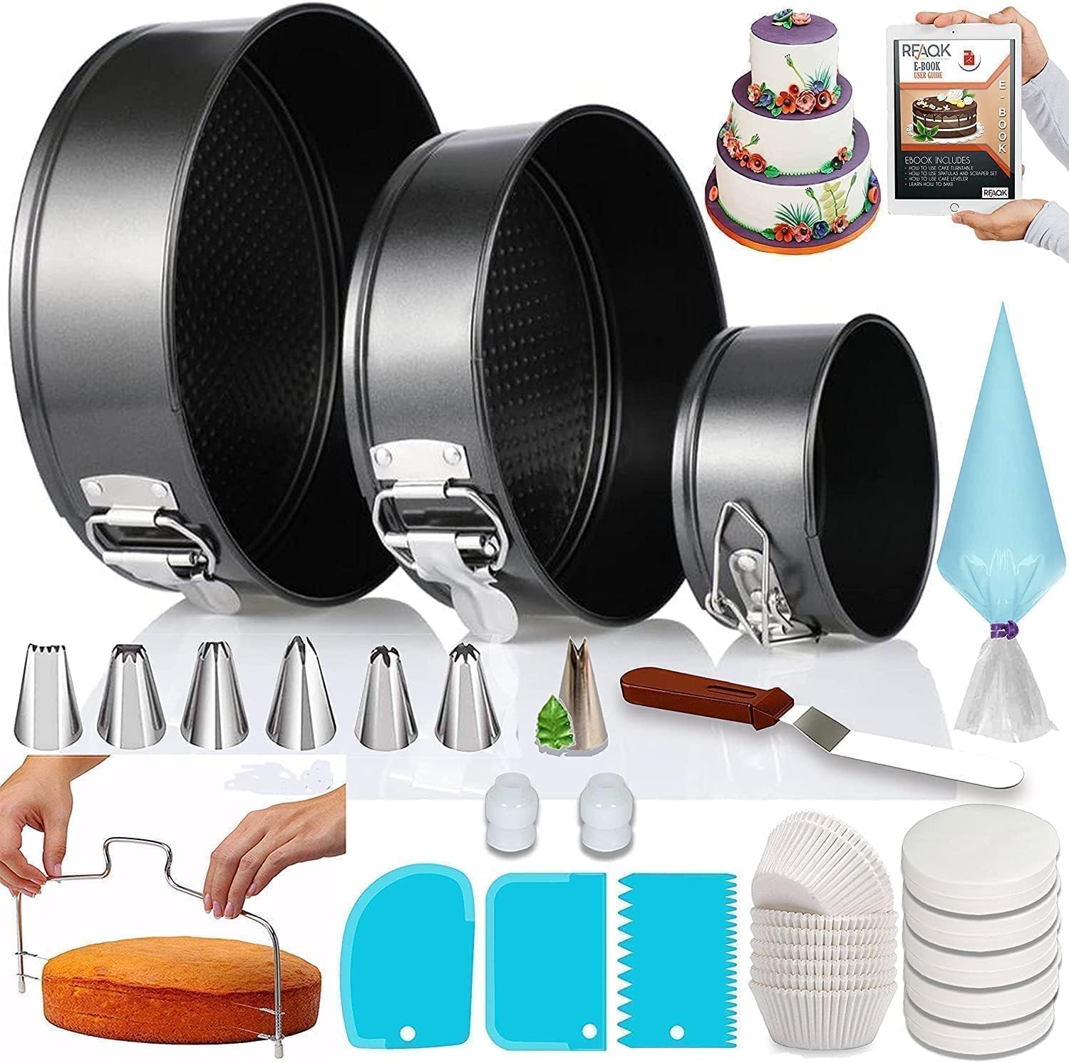 100pcs Cake Pan Sets for Baking + Cake Decorating Supplies: 3 Non-Stick Springform Pans Set (4, 7, 9 inches), Icing Tips, Cake Leveler – Multi-functional Leak-Proof CheeseCake Pan & eBook