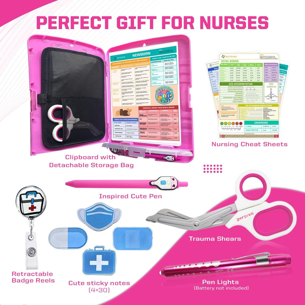 Nursing Kit – Nurse Accessories for Work | Trauma Shears, Clipboard with Storage, Badge Reel, Pen Light, Sticky Notes, Pen & Cheat Sheet – for Nursing Students & Professionals