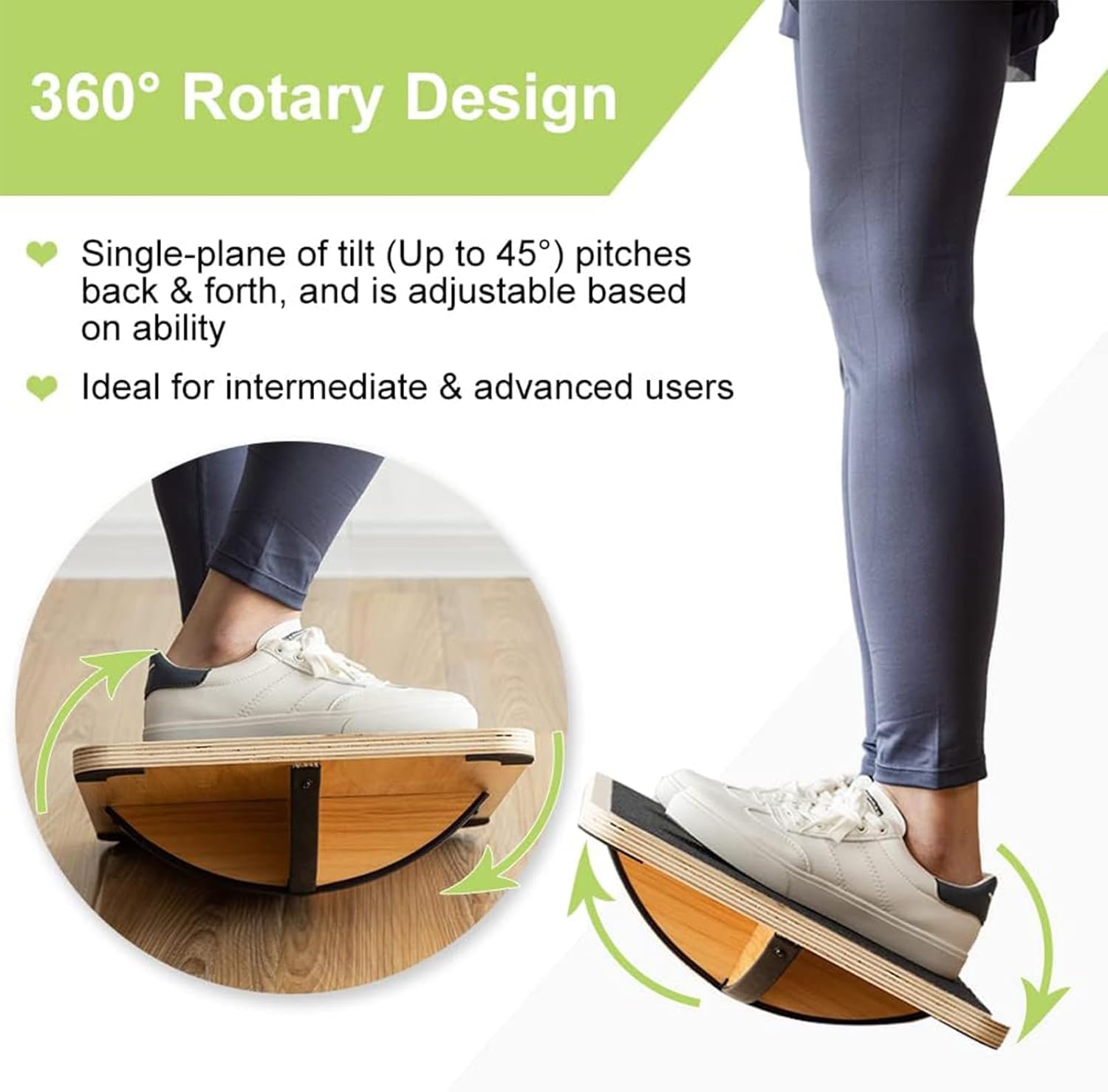 Professional Wooden Balance Board, Rocker Board, Wood Standing Desk Accessory, Balancing Board for Under Desk, Anti Slip Roller, Core Strength, Stability, Office Wobble Boards