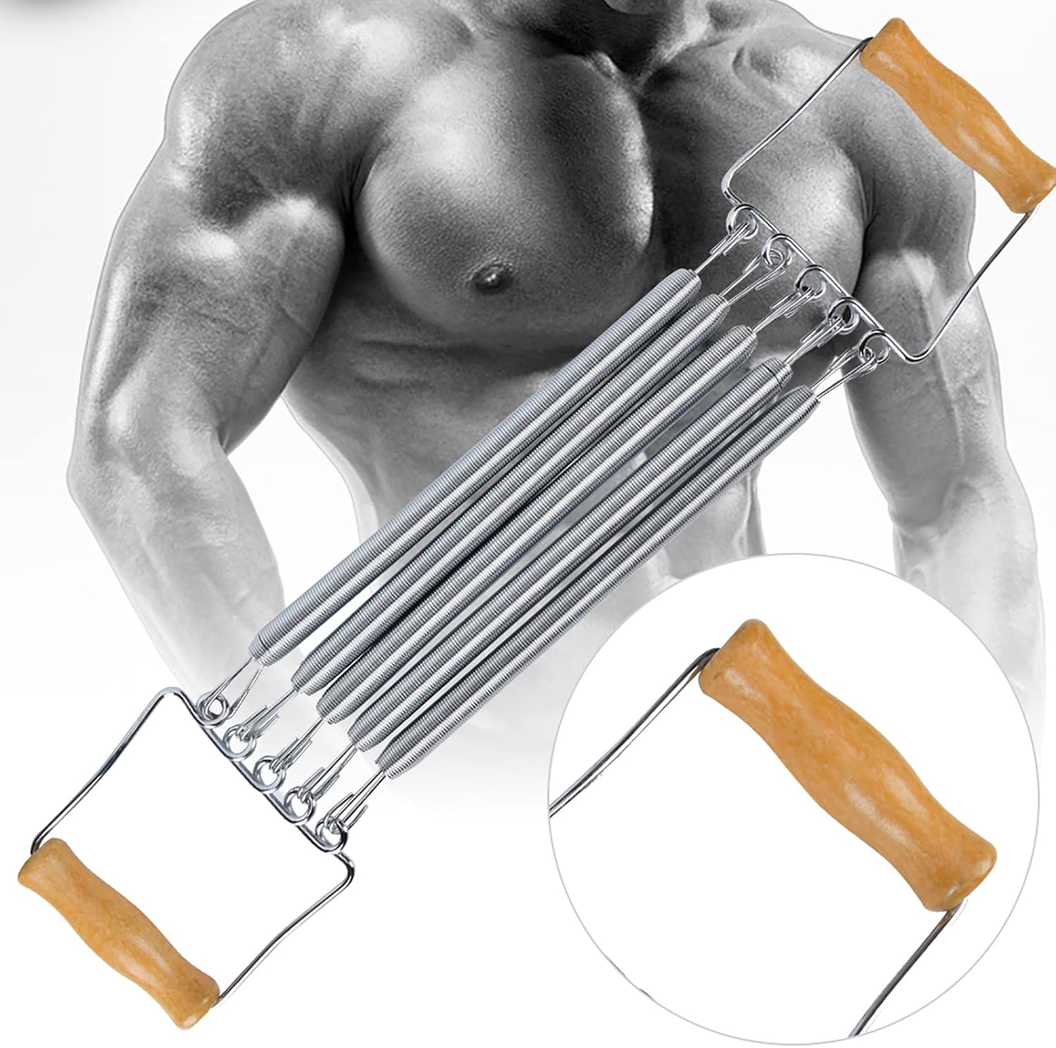 Wooden Handle Chest Expander, Removable Spring, Strength Training, Workout for Chest, Shoulders, Arms, Non Slip Handle, Home Fitness Equipment
