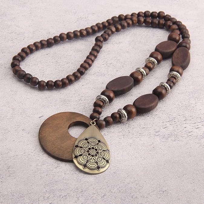 Boho Necklaces for Women Long Wooden Pendant Vintage Necklace Sweater Chain Necklace Handmade Jewelry