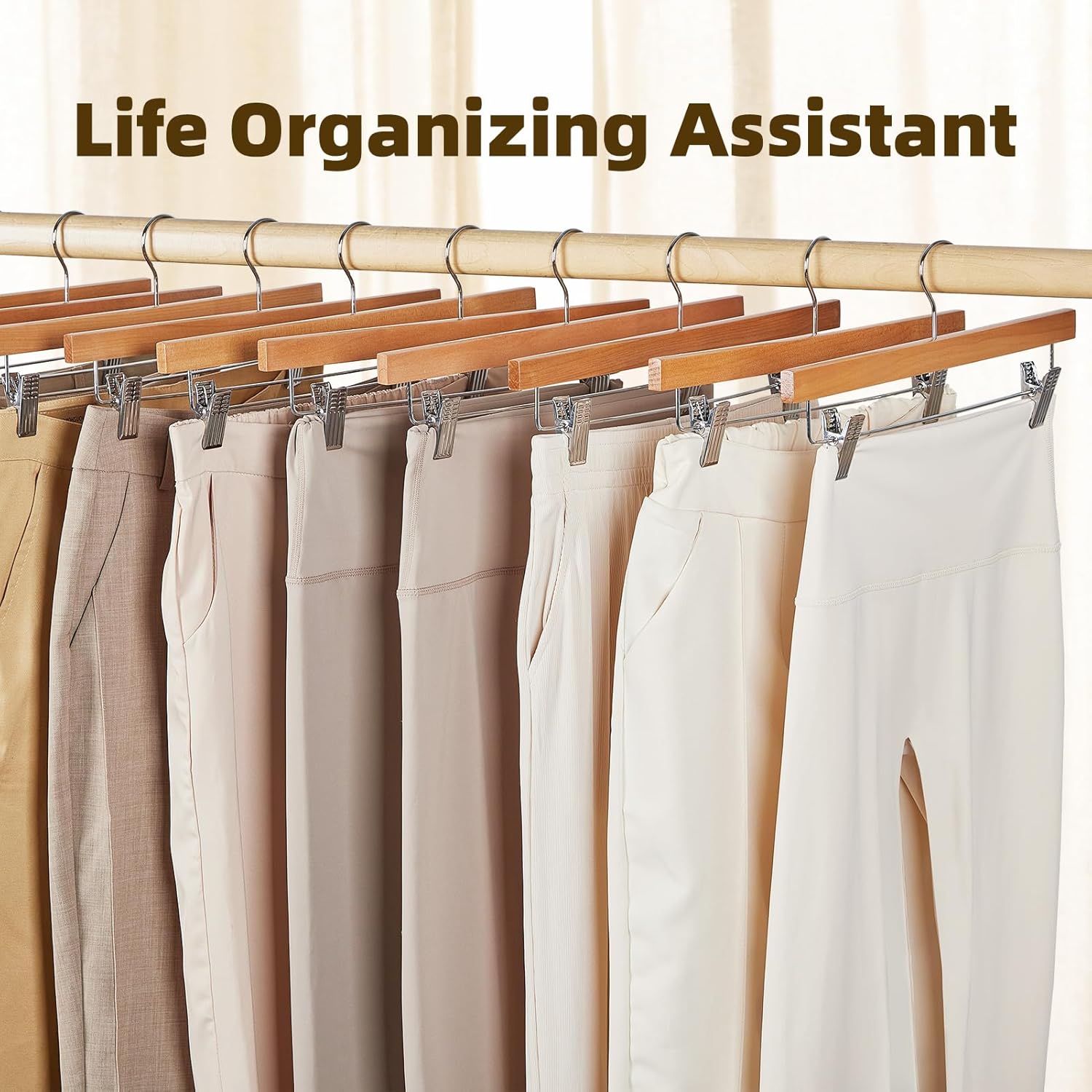 Premium Wooden Pants Hangers 25 Pack, Solid Lotus Wood Skirt Hangers with 2-Adjustable Clips, Heavy Duty & Anti Slip Wood Bottom Hanger for Slacks, Jeans, Trousers, Shorts