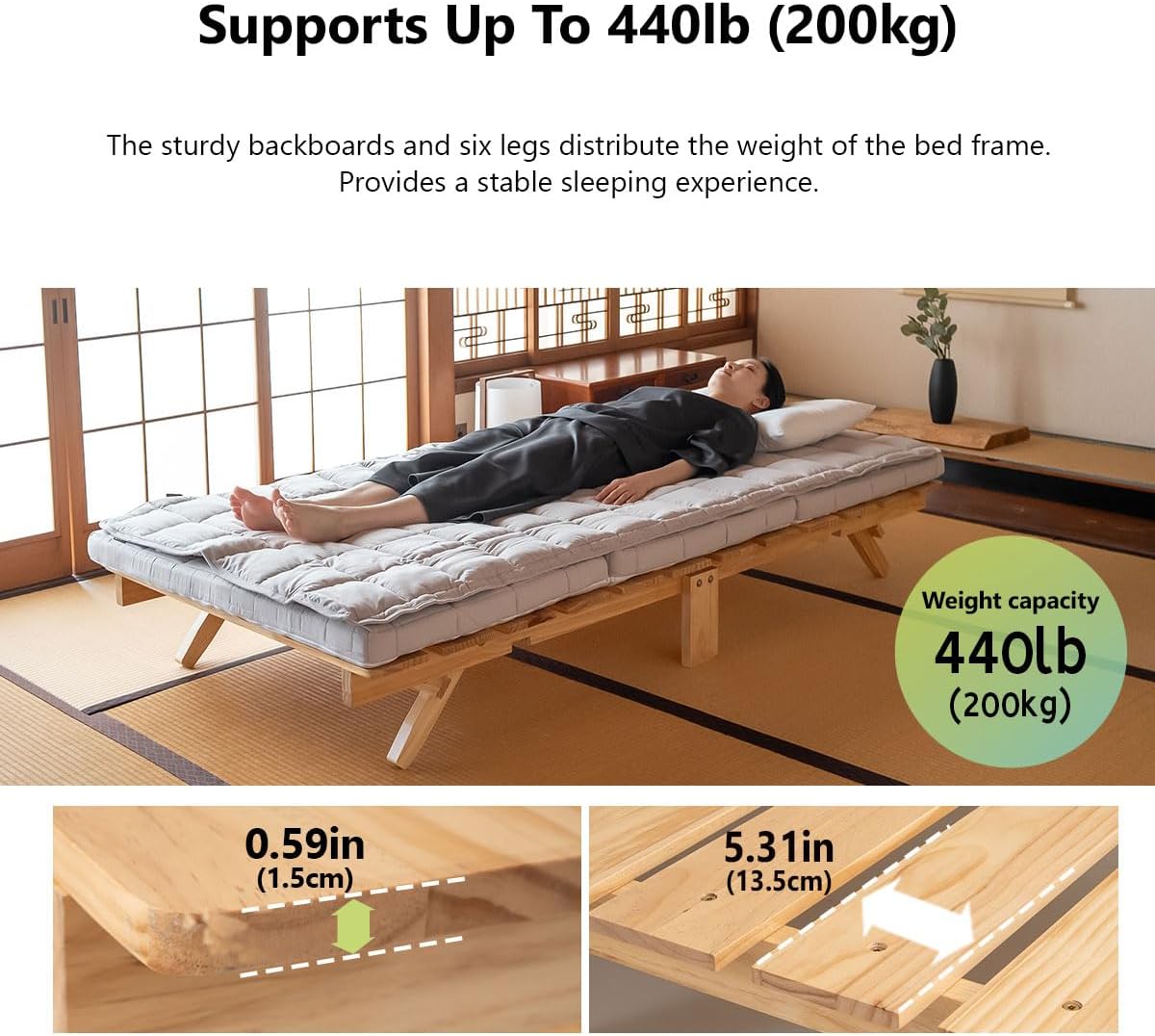 Foldable Wood Slatted Floor Bed Frame OSMOS Twin Solid Pine (Earth-Natural), Easy Assembly Space Saving Storable Floor Life Tatami