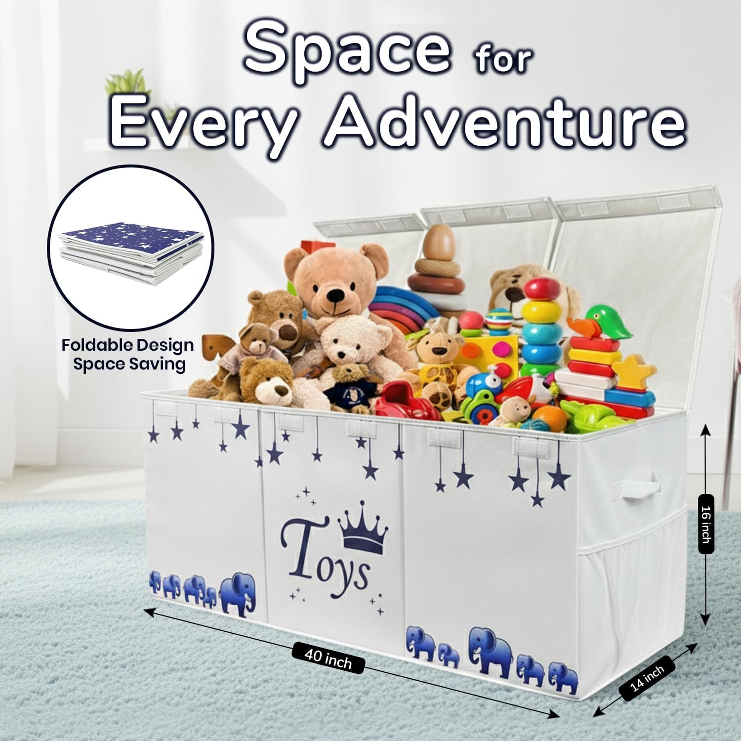 Extra Large Toy Storage Organizer For Living Room with Lids - Glow-in-Dark 40"x14"x16" Collapsible 600D Oxford Toy Chest for Kids, Boys, Girls - Durable Toy Bin for Living Room, Playroom, Nursery