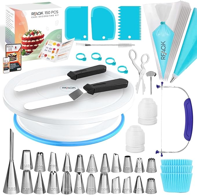 200PCs Cake Decorating Kit for Beginners with Turntable for Decoration - Piping Bags and Tips Set (110+55), Straight & Offset Spatula, Leveler, Video Course, Pattern Chart & More Baking Supplies