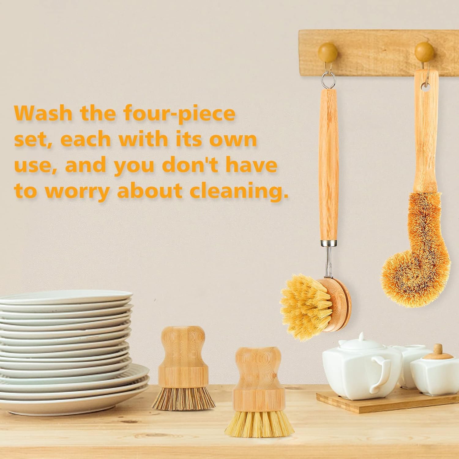 4 Piece Bamboo Dish Brush Set with Coconut Sponge - Wooden Dish Brush with Sisal and Palm Fiber, Natural Bamboo Dish Scrub Brush for Kitchen Cleaning Dishes, Pots, Pans, Bottles, Vegetables (Copy)